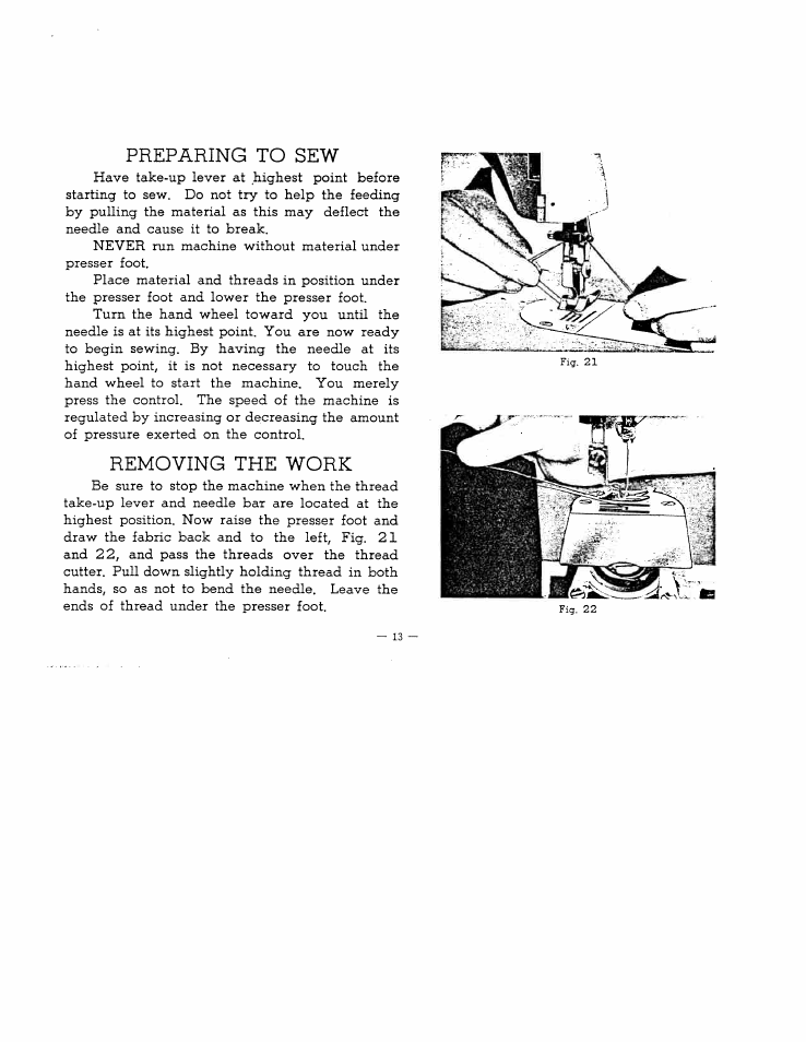 Preparing to sew, Removing the work | SINGER WS1145 User Manual | Page 10 / 29
