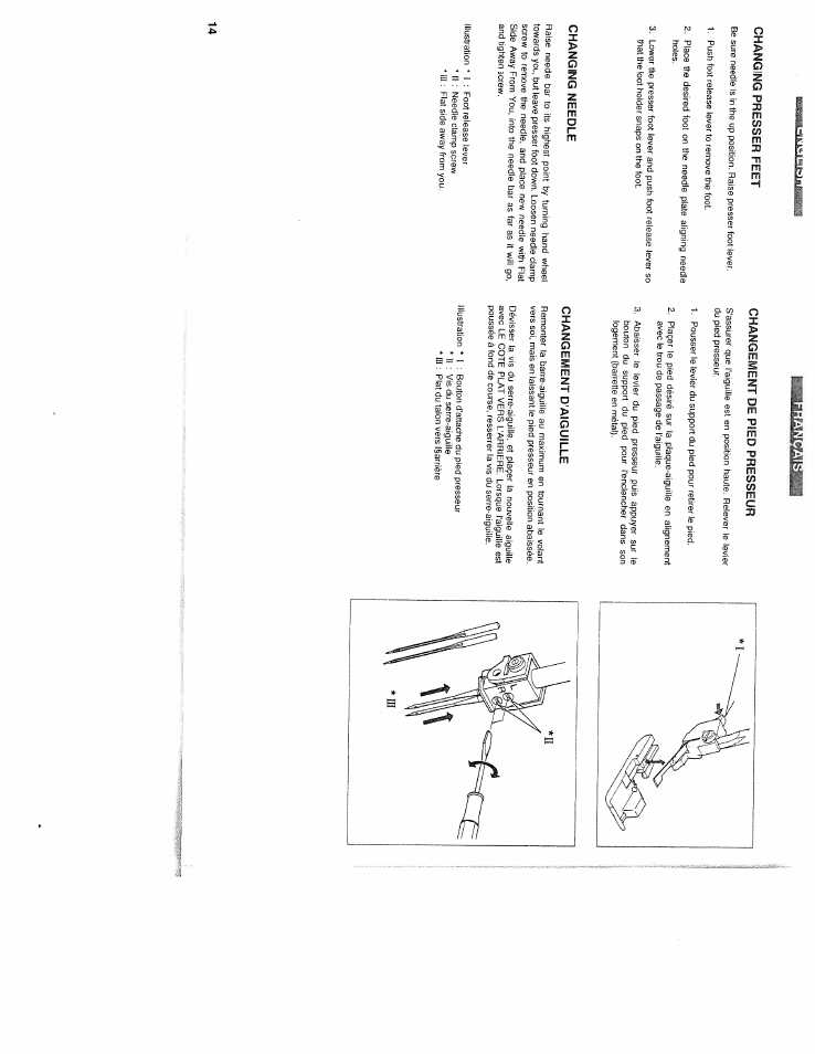 Changing presser feet, Changing needle, Changement de pied presseur | Changement d'aiguille | SINGER WSL2000 (Part 1) User Manual | Page 16 / 43