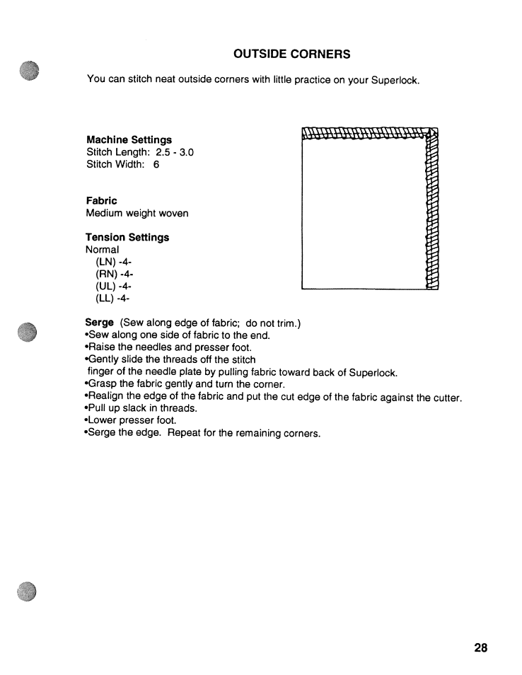 Outside corners, Machine settings, Fabric | Tension settings | SINGER WSL2000 ATS (Part 1) User Manual | Page 30 / 34