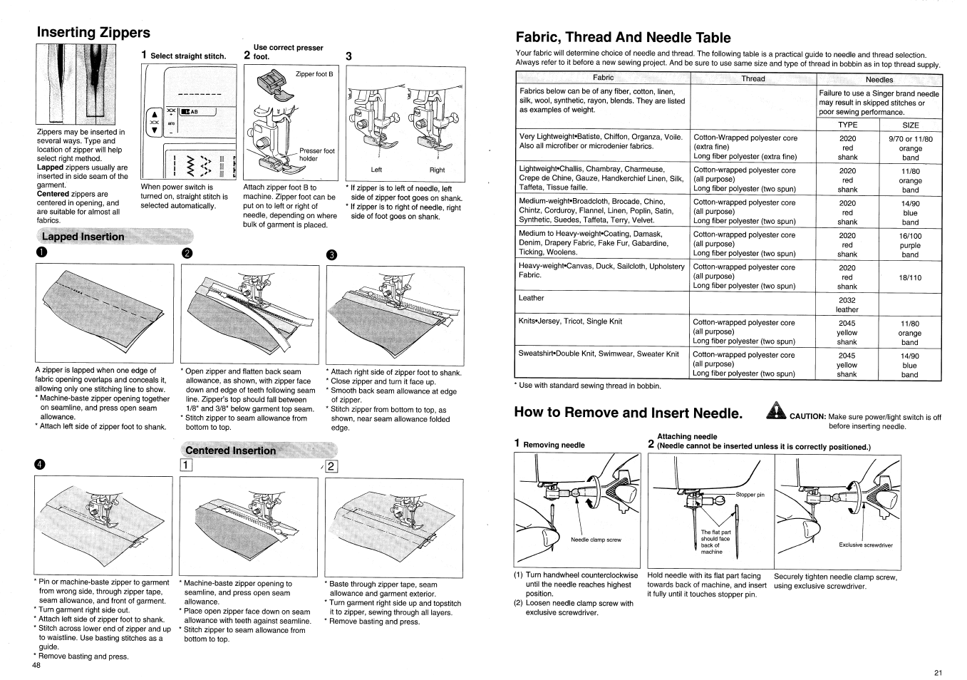 Fabric, thread and needle table, How to remove and insert needle | SINGER XL100 Quantum User Manual | Page 23 / 72