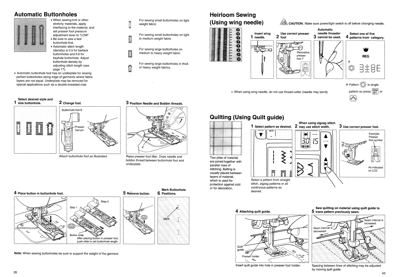 Automatic buttonholes, Select desired style and 1 size buttonhole, 4 place button in buttonhole foot | 5 remove button, Mark buttonhole 6 positions, Automatic buttonholes ,27 | SINGER XL100 Quantum User Manual | Page 28 / 72