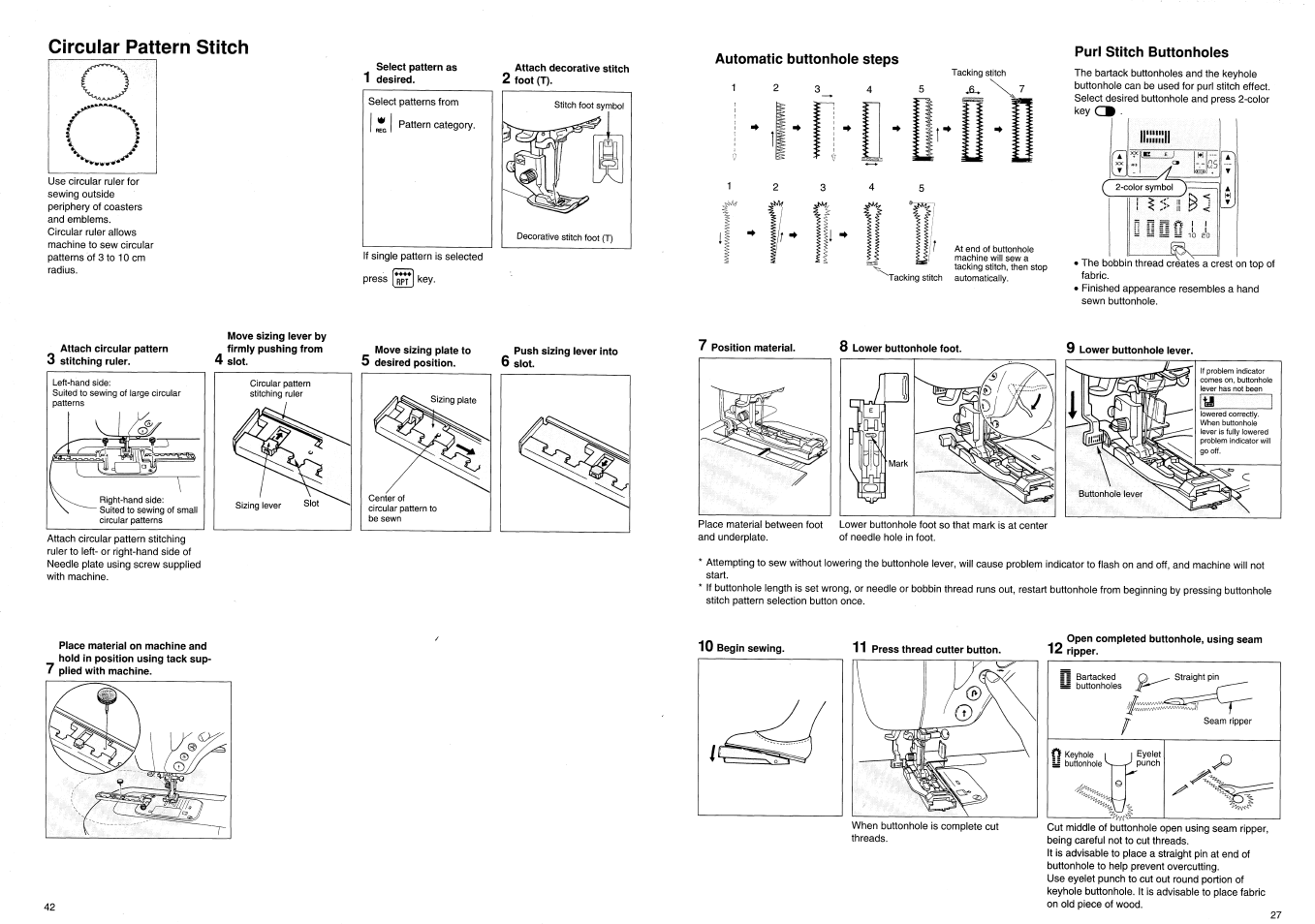 Automatic buttonhole steps, Purl stitch buttonholes, 7 position material. 8 lower buttonhole foot | Open completed buttonhole, using seam 12 ripper | SINGER XL100 Quantum User Manual | Page 29 / 72