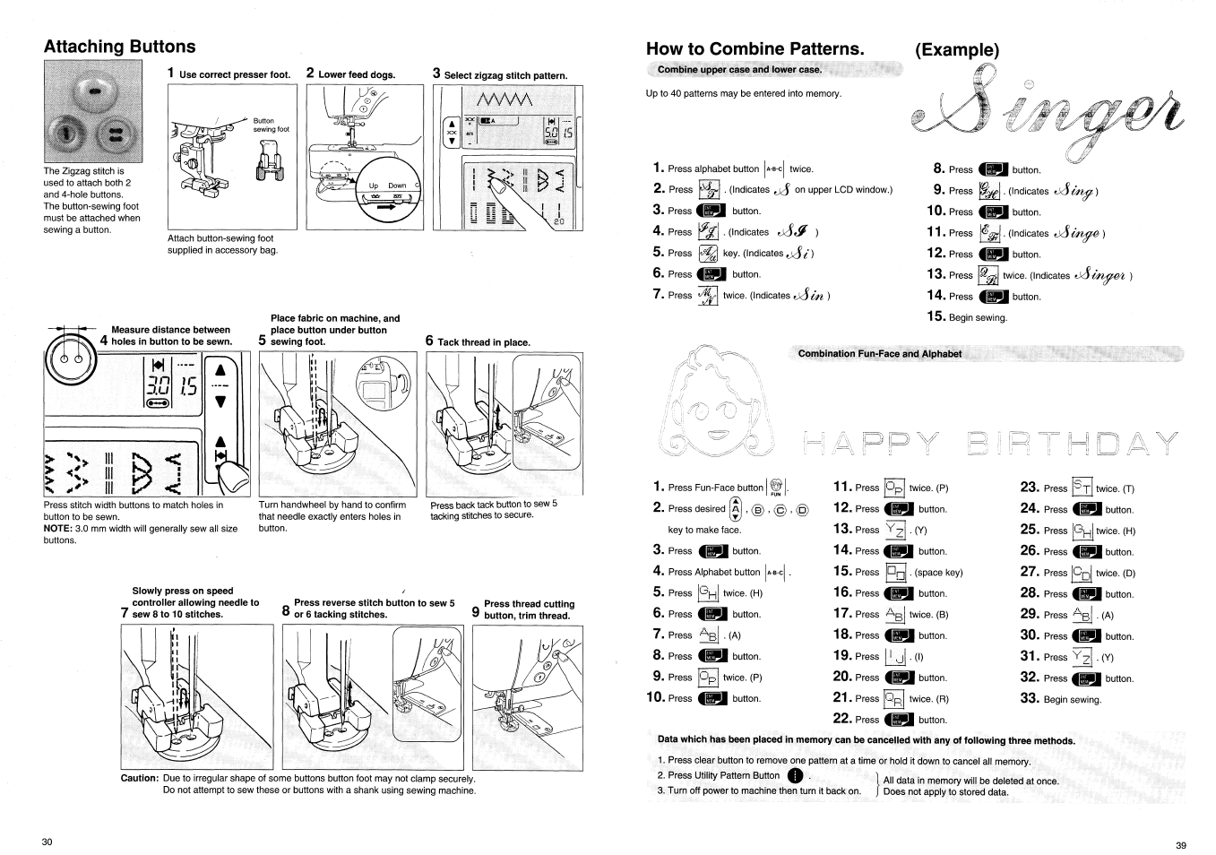 Attaching buttons, Press thread cutting 3 button, trim thread, Лллал | Шш d.uis | SINGER XL100 Quantum User Manual | Page 32 / 72