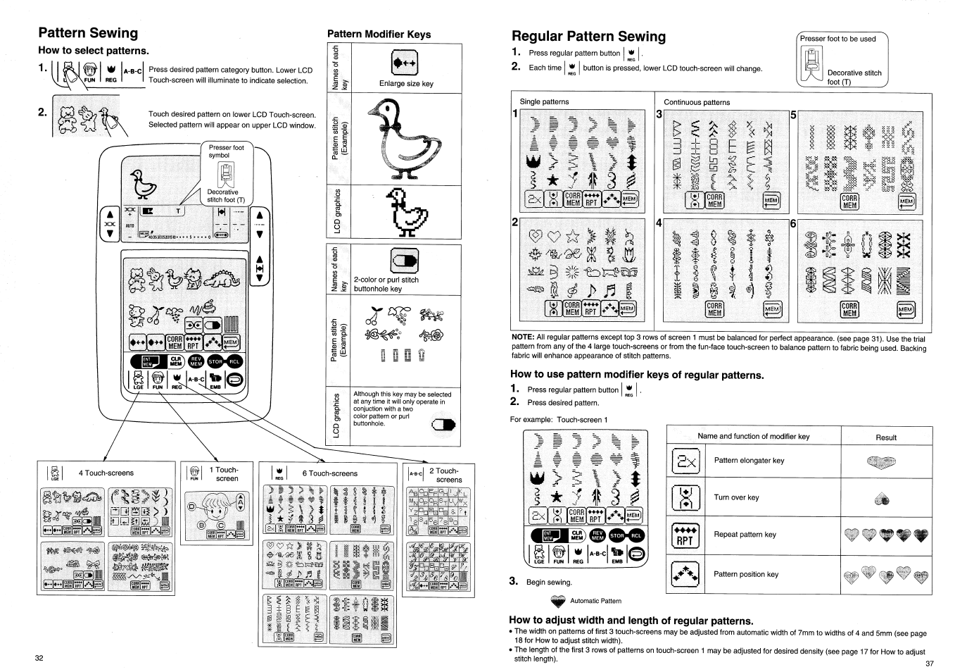Pattern sewing, How to select patterns, Pattern modifier keys | Pattern sewing ,33 | SINGER XL100 Quantum User Manual | Page 34 / 72