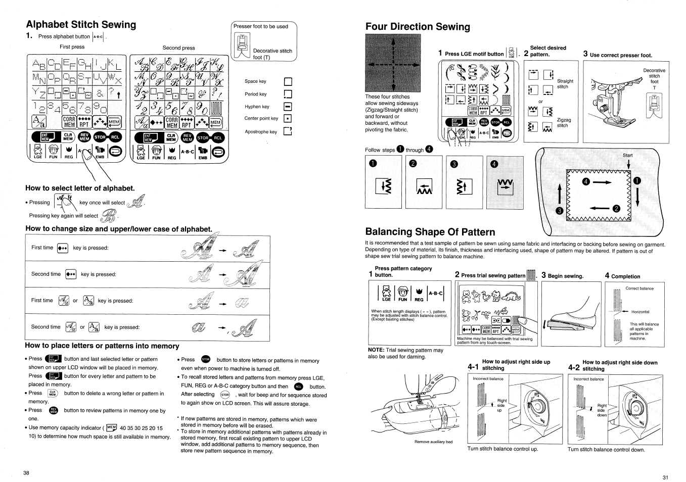 Alphabet stitch sewing, How to select letter of alphabet, How to place letters or patterns into memory | M v % % %^0 d a | SINGER XL100 Quantum User Manual | Page 40 / 72