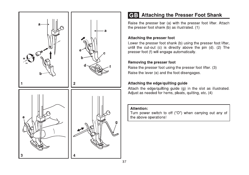 Itjzi attaching the presser foot shank, Attaching the presser foot, Removing the presser foot | Attaching the edge/quilting guide, Attaching the presser foot shank | SINGER 2250 TRADITION User Manual | Page 44 / 58