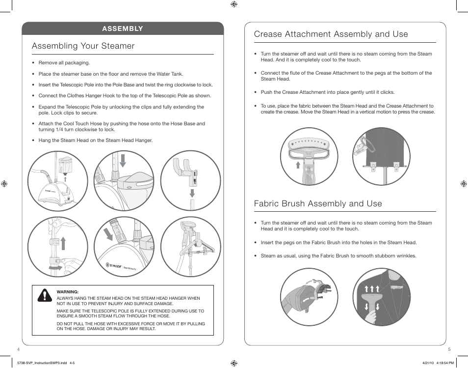 Assembling your steamer, Crease attachment assembly and use, Fabric brush assembly and use | Assembly | SINGER STEAMWORKS PRO User Manual | Page 3 / 15