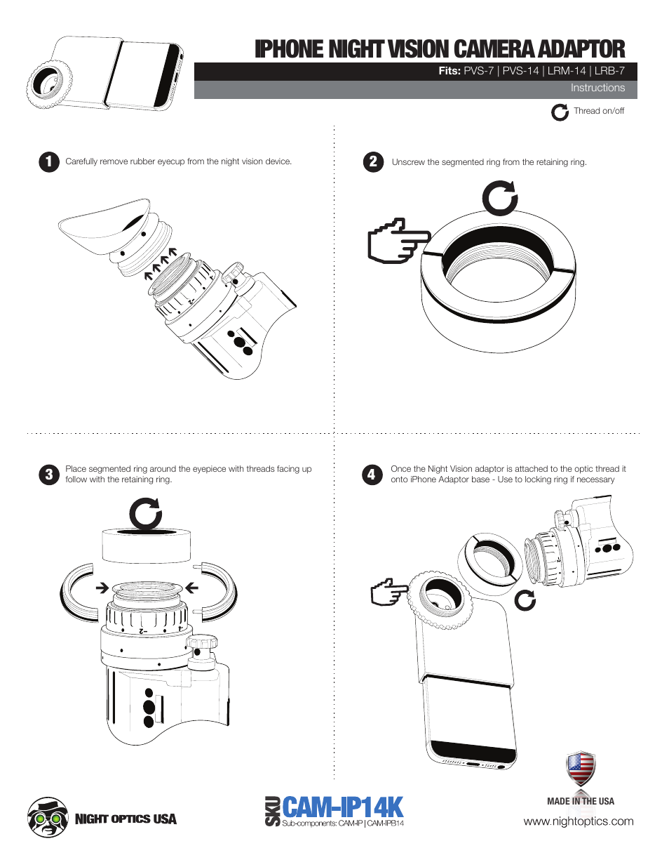 Night Optics iPhone 4/5 Camera Adaptor Kit (Fits: PVS-7/14) User Manual | 3 pages