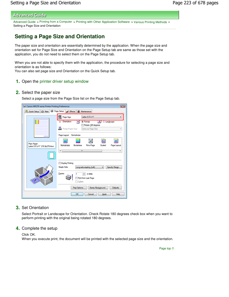 Setting a page size and orientation | Canon PIXMA MP250 User Manual | Page 223 / 678