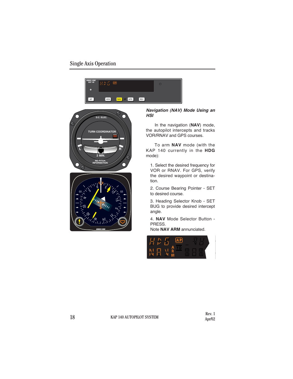 Navigation (nav) mode using anhsi, Single axis operation 18 | BendixKing KAP 140 User Manual | Page 26 / 102