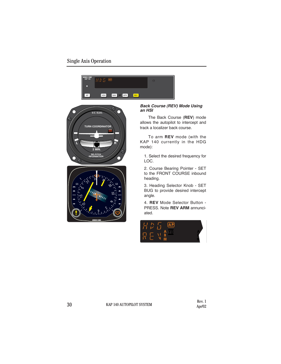 Back course (rev) mode usingan hsi, Single axis operation 30 | BendixKing KAP 140 User Manual | Page 38 / 102