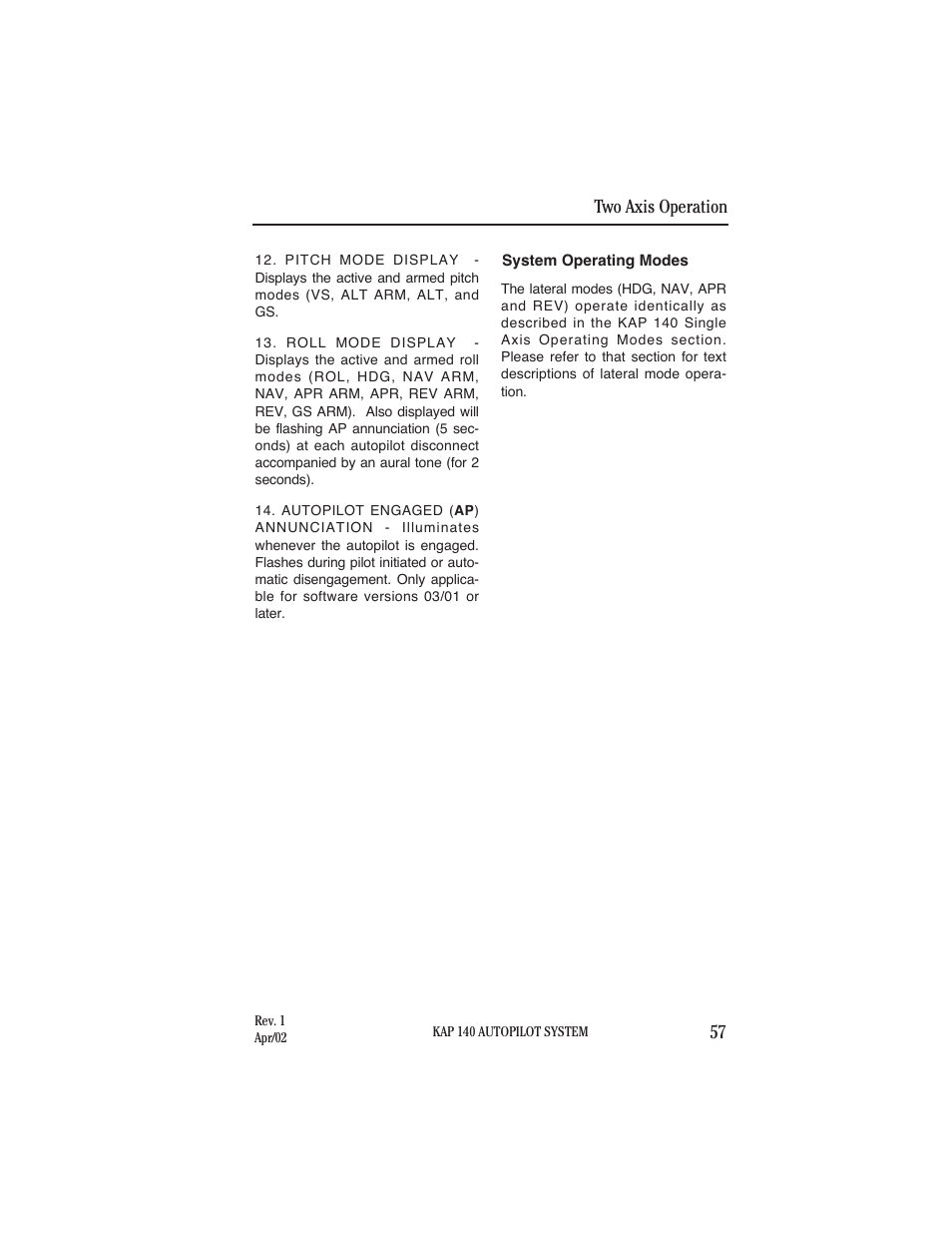 System operating modes | BendixKing KAP 140 User Manual | Page 54 / 102