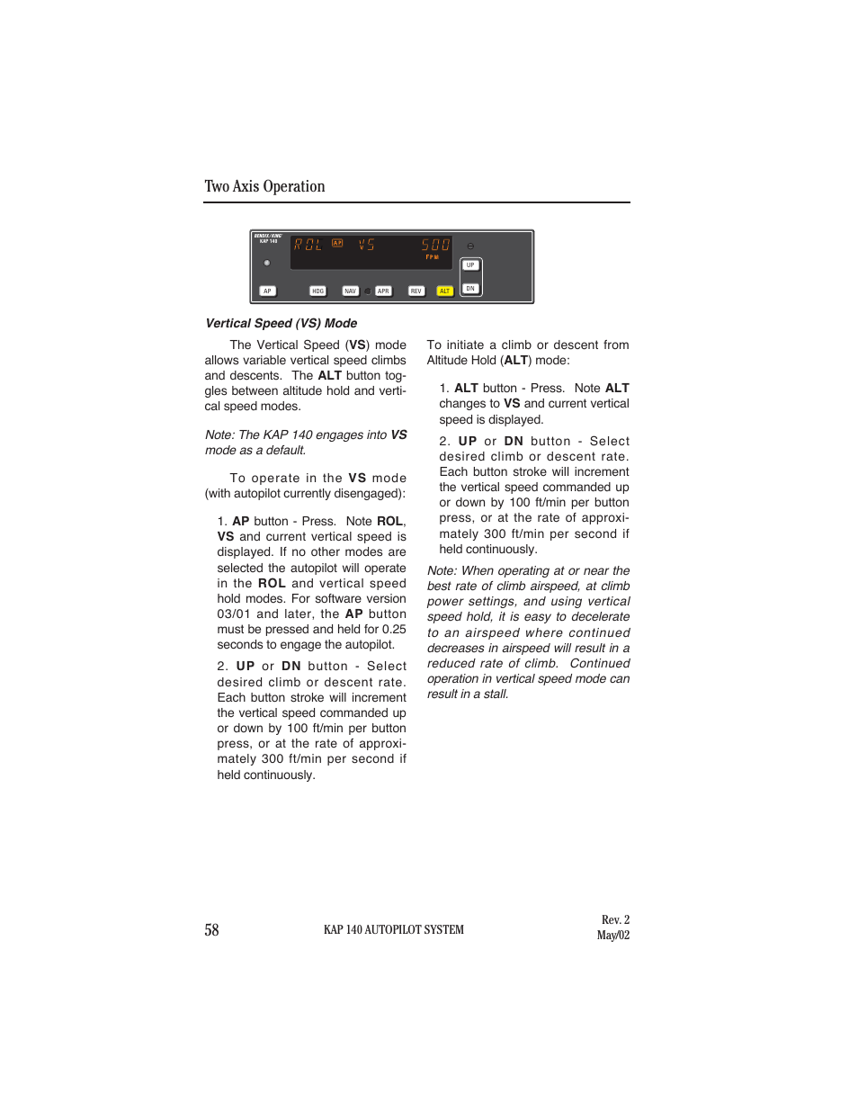 Vertical speed (vs) mode, Two axis operation 58 | BendixKing KAP 140 User Manual | Page 55 / 102