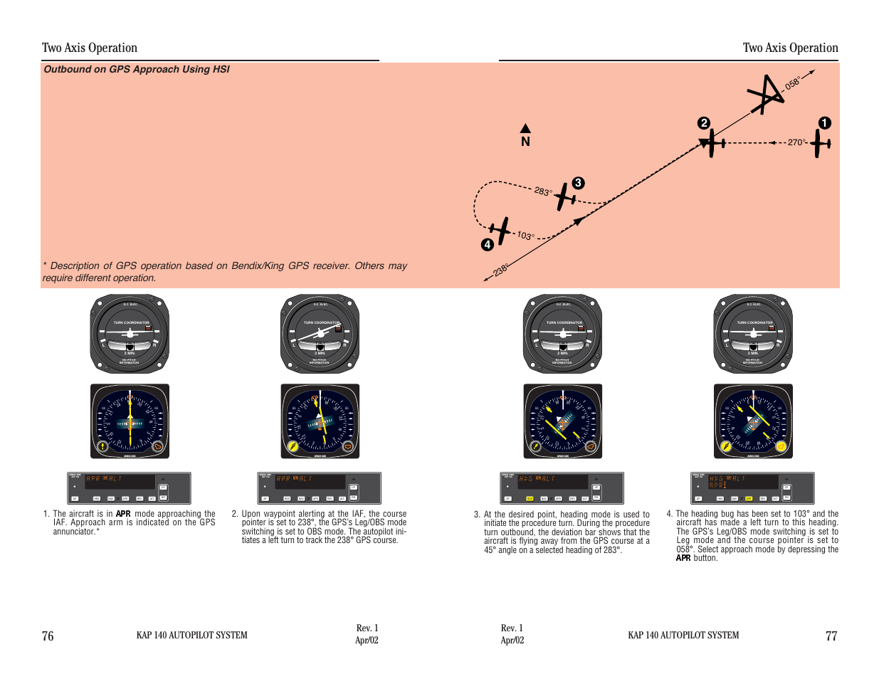 Outbound on gps approach using hsi, Two axis operation, Two axis operation 76 77 | Kap 140 autopilot system | BendixKing KAP 140 User Manual | Page 65 / 102