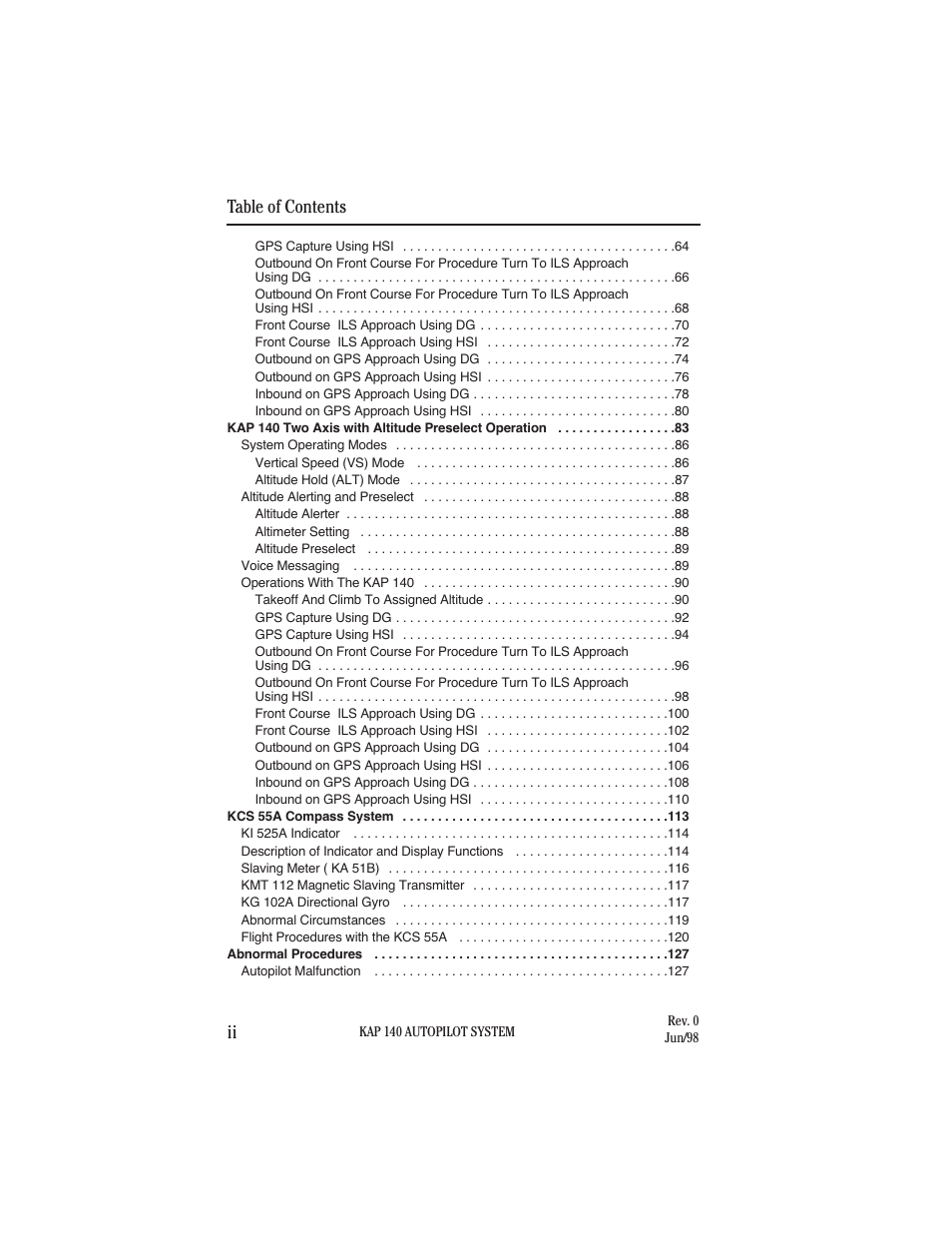 Table of contents ii | BendixKing KAP 140 User Manual | Page 8 / 102