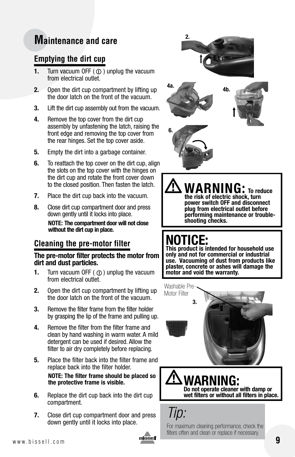 Warning, Notice, Aintenance and care | Bissell 33N7 User Manual | Page 9 / 16