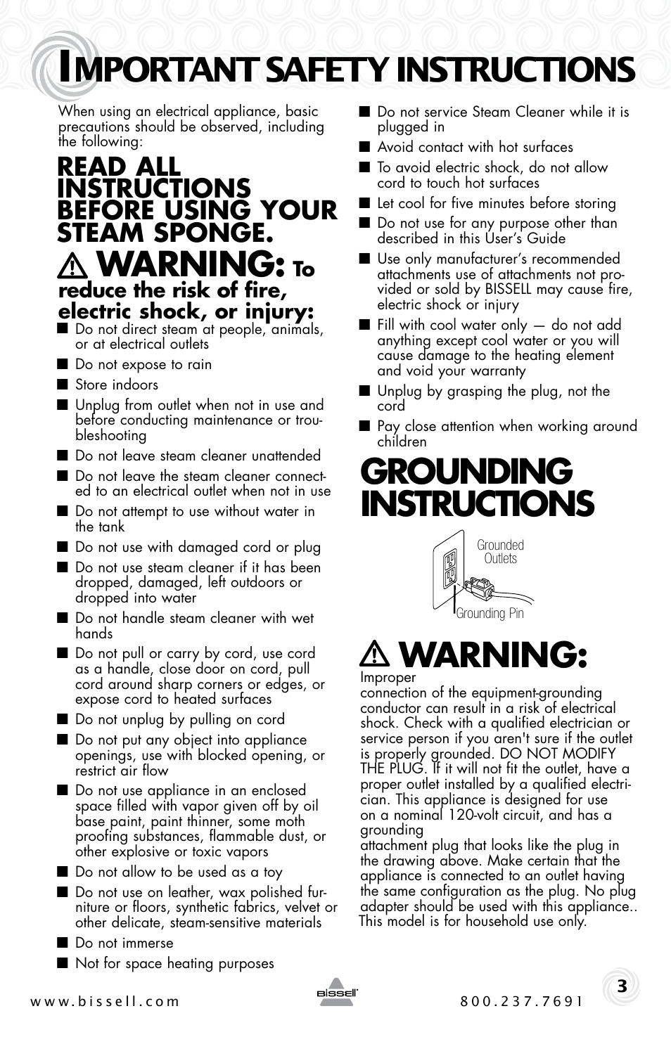 Mportant safety instructions, Warning, Grounding instructions warning | Bissell STEAM SPONGE 39F1 User Manual | Page 3 / 8