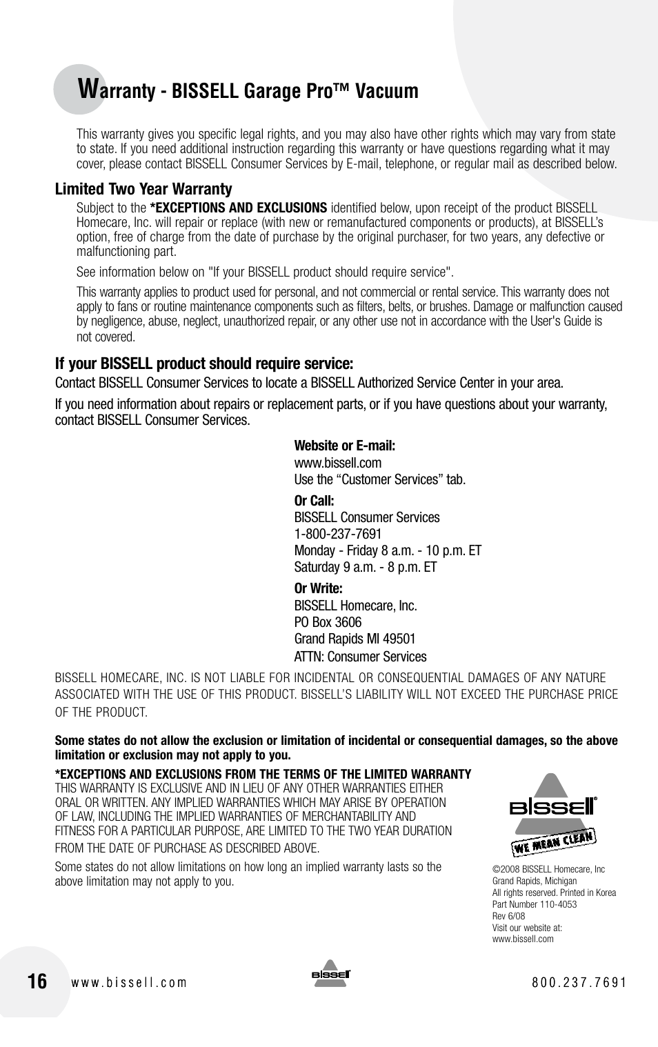 Arranty - bissell garage pro™ vacuum | Bissell GARAGE PRO 18P0 User Manual | Page 16 / 16