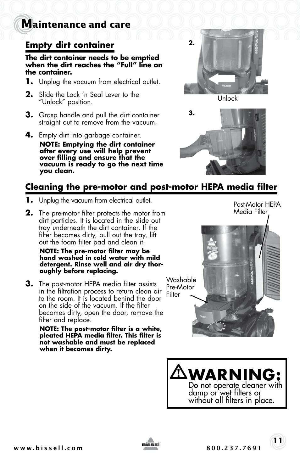 Warning, Aintenance and care, Empty dirt container | Bissell PET HAIR ERASER 3920 User Manual | Page 11 / 20