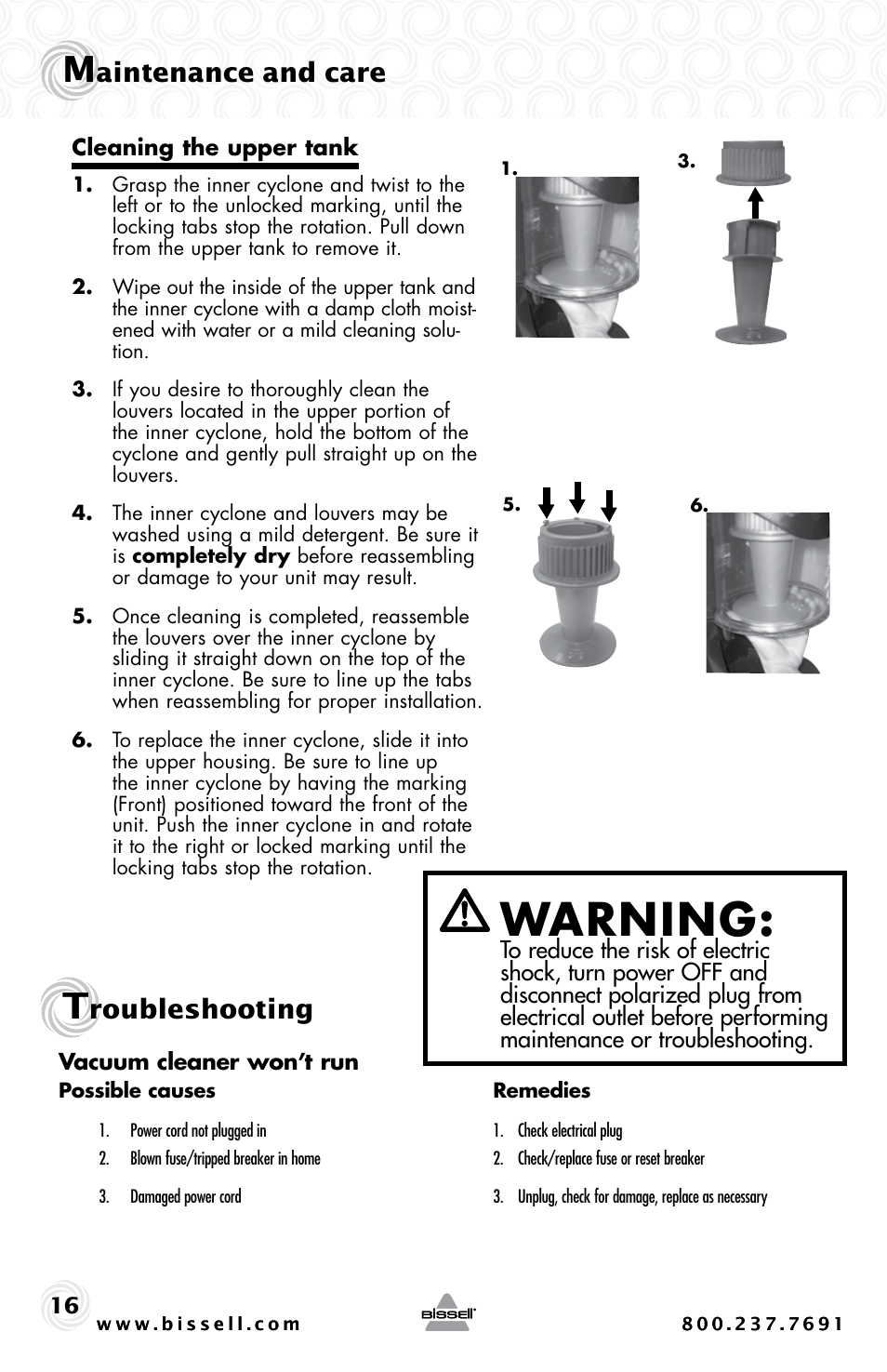 Warning, Aintenance and care, Roubleshooting | Bissell PET HAIR ERASER 3920 User Manual | Page 16 / 20