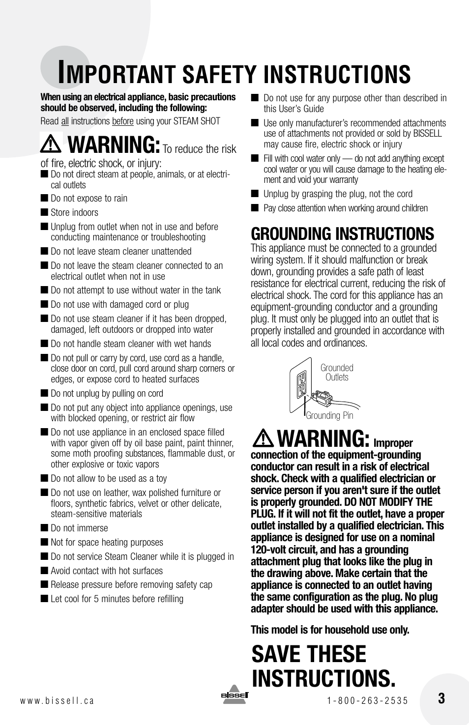 Mportant safety instructions, Warning, Save these instructions | Grounding instructions | Bissell STEAM SHOT 39N7 User Manual | Page 3 / 12