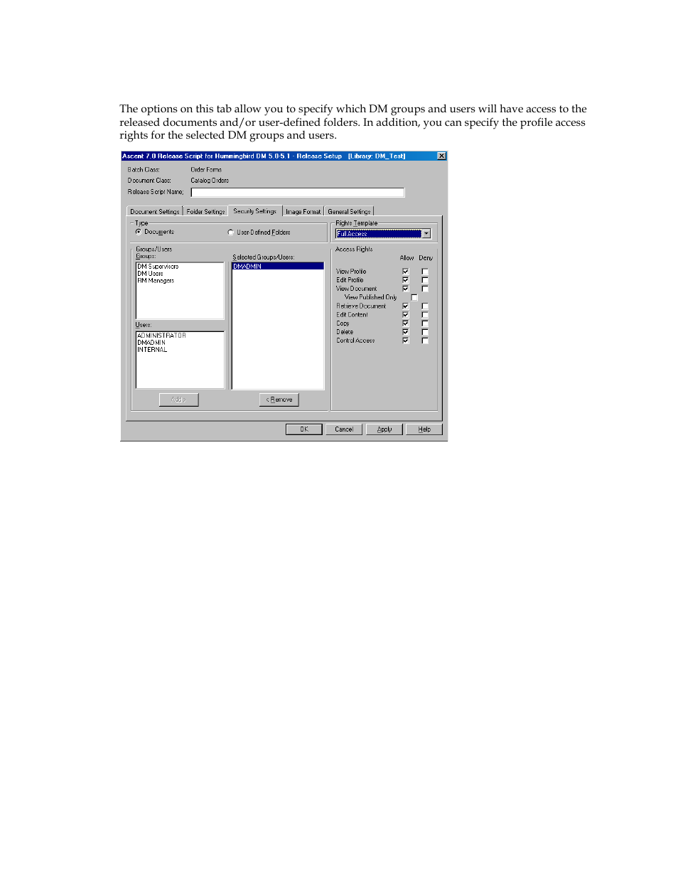 Security settings tab | Kofax Ascen 7.0 Release Script for Hummingbird DM 5.0-5.1 User Manual | Page 32 / 46