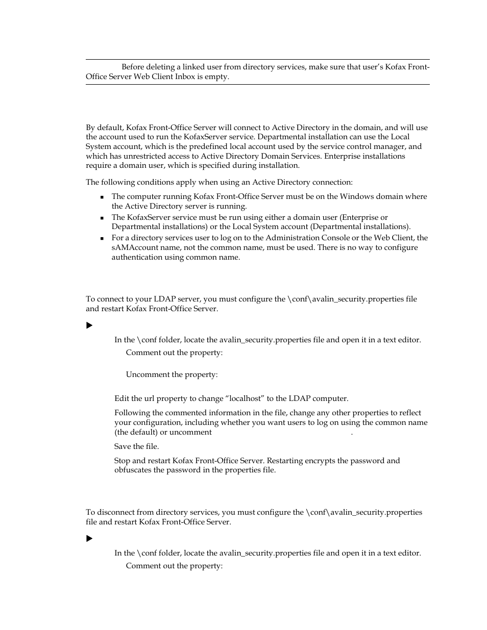 Connecting to active directory, Connecting to ldap, To disconnect from directory service | E, see, To disconnect from directory, Service, If you | Kofax Front-Office Server 3.0 User Manual | Page 13 / 64
