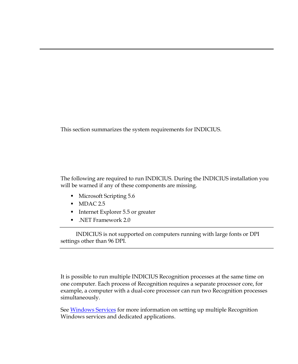 System requirements, Introduction, Hardware/software requirements | All computers, Multi-core processors for indicius recognition, Chapter 2 | Kofax INDICIUS 6.0 User Manual | Page 13 / 48