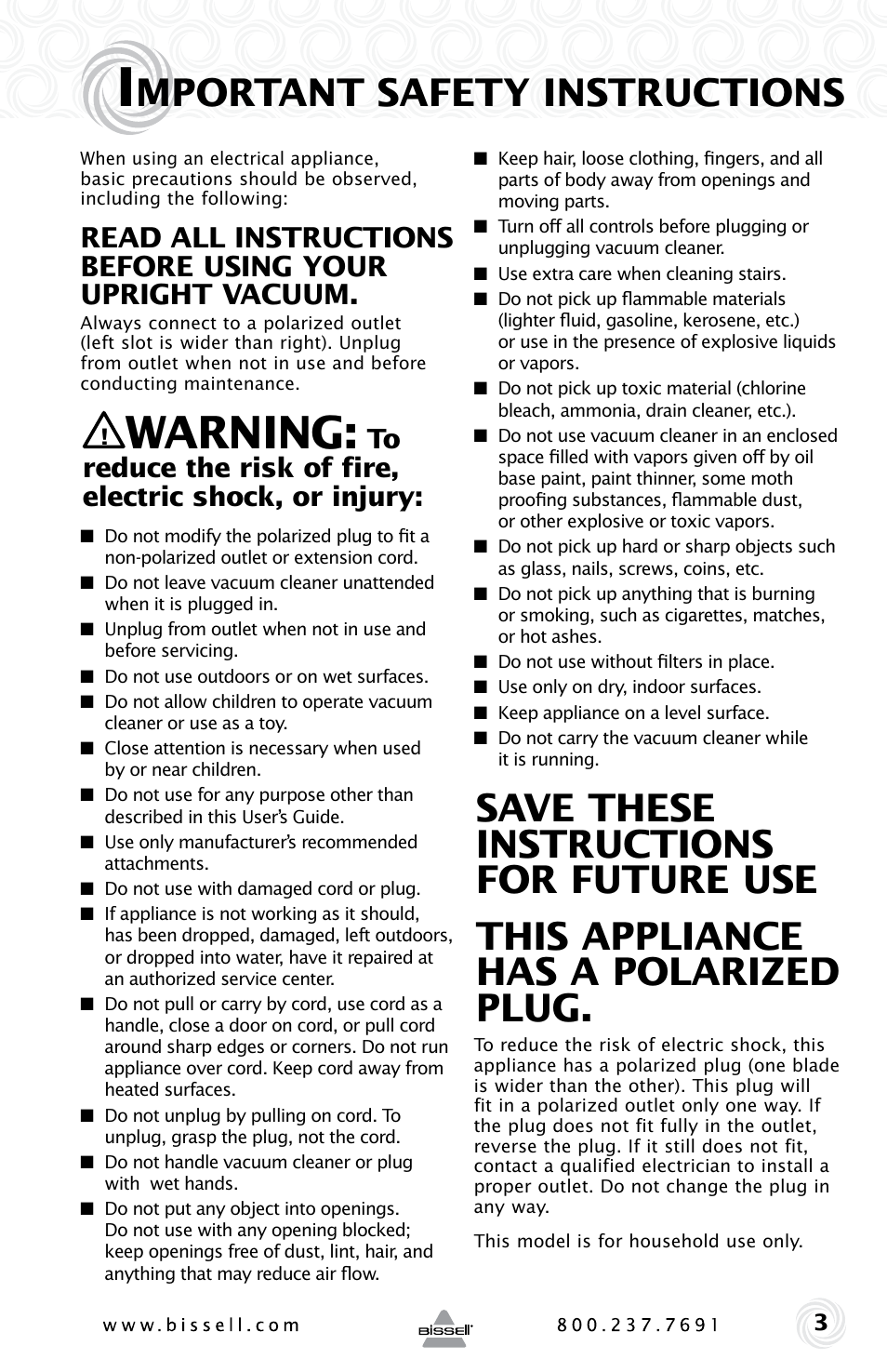 Warning, Mportant safety instructions | Bissell POWER GROOM COMPACT PET 13H8 User Manual | Page 3 / 16