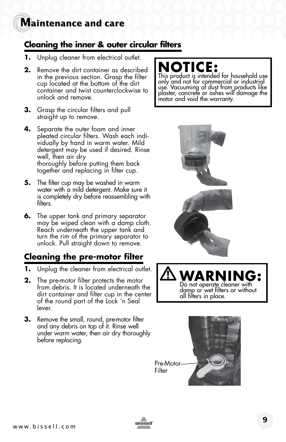 Warning, Notice, Aintenance and care | Bissell CLEAN VIEW 74T5 User Manual | Page 9 / 16