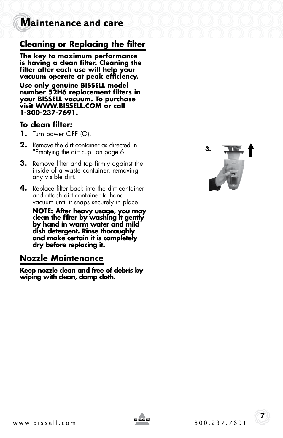 Aintenance and care, Cleaning or replacing the filter, Nozzle maintenance | Bissell 94V5 User Manual | Page 7 / 12