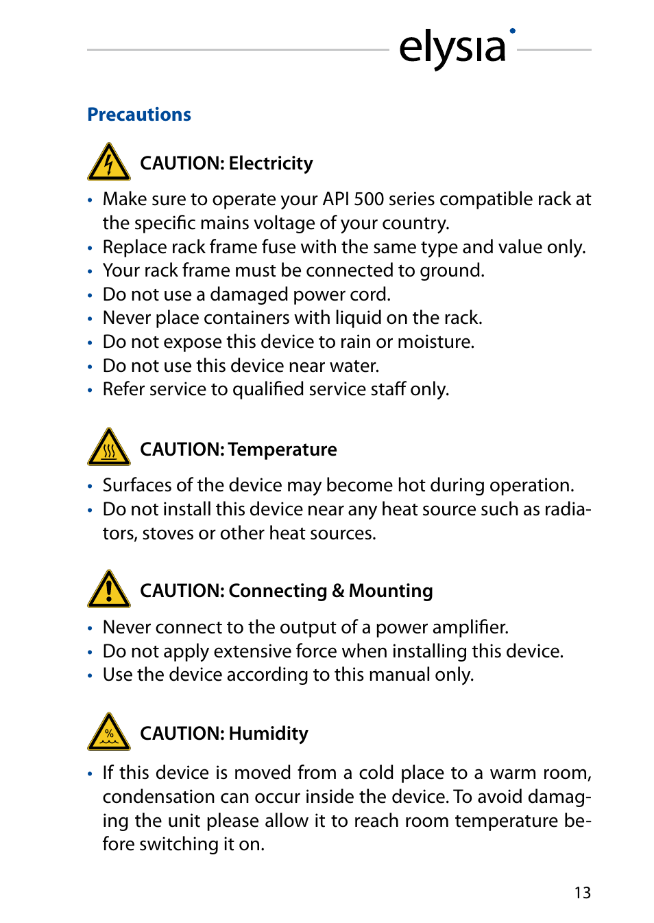 Precautions | elysia xpressor 500 User Manual | Page 13 / 16