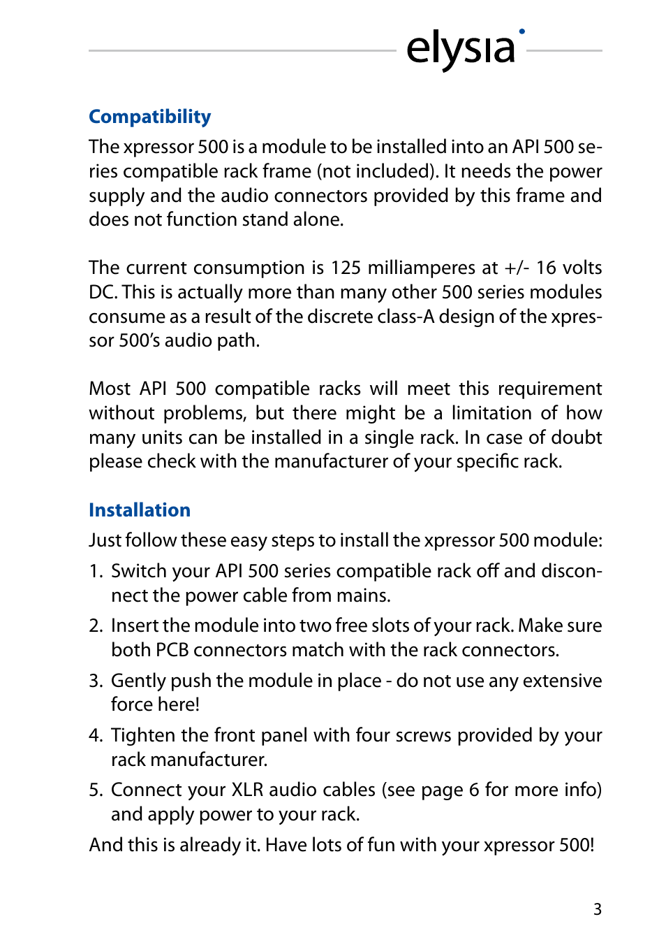 Compatibility, Installation | elysia xpressor 500 User Manual | Page 3 / 16