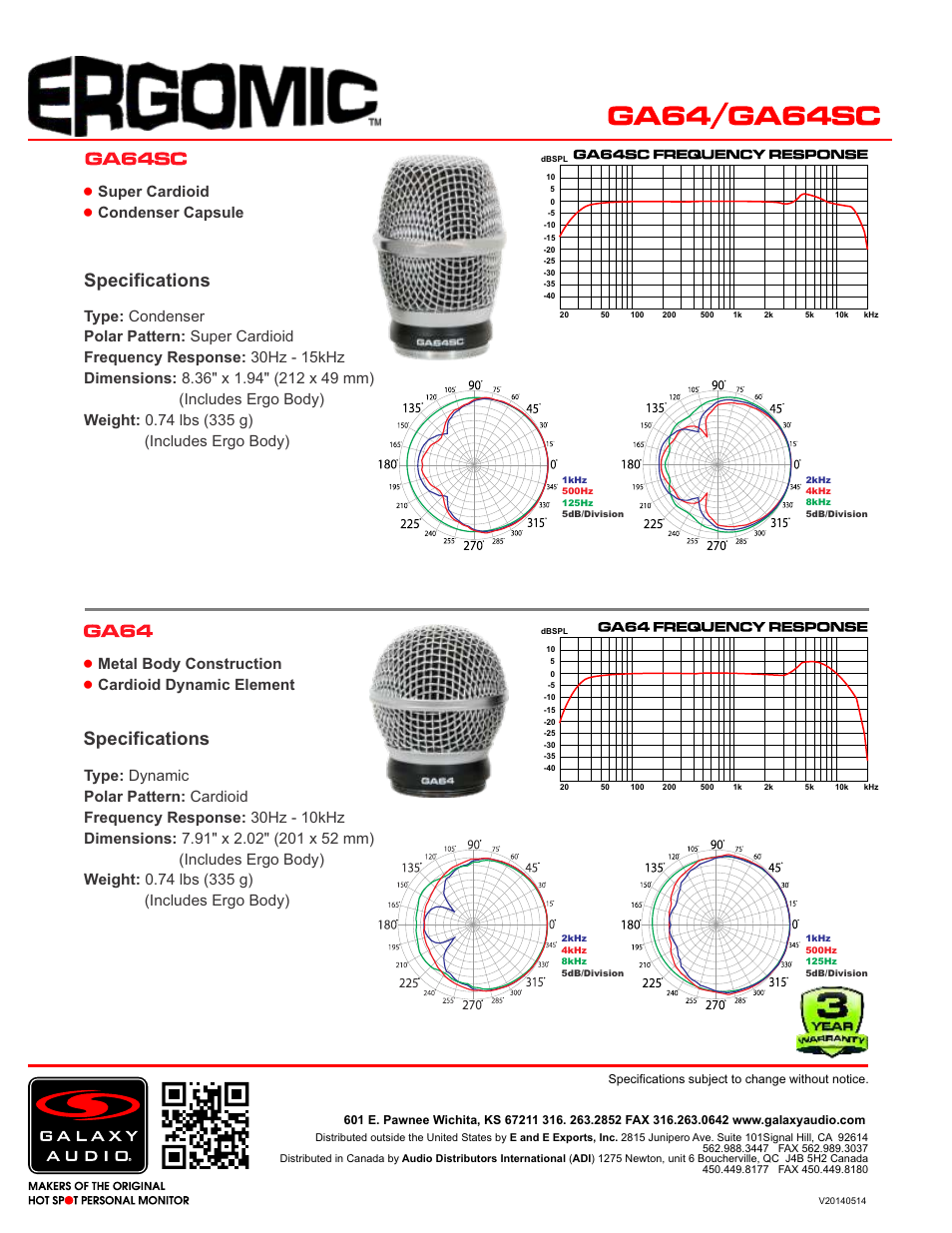 Specifications, Super cardioid condenser capsule, Metal body construction cardioid dynamic element | Galaxy Audio GA64 / GA64SC User Manual | Page 2 / 2