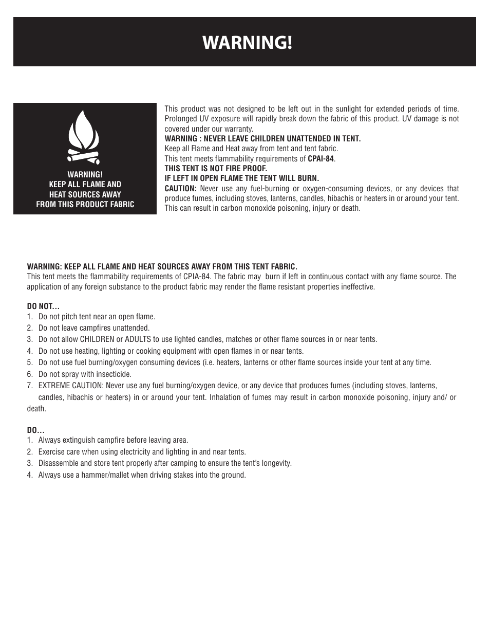 Warning | Giga Tent FT 020 User Manual | Page 7 / 8
