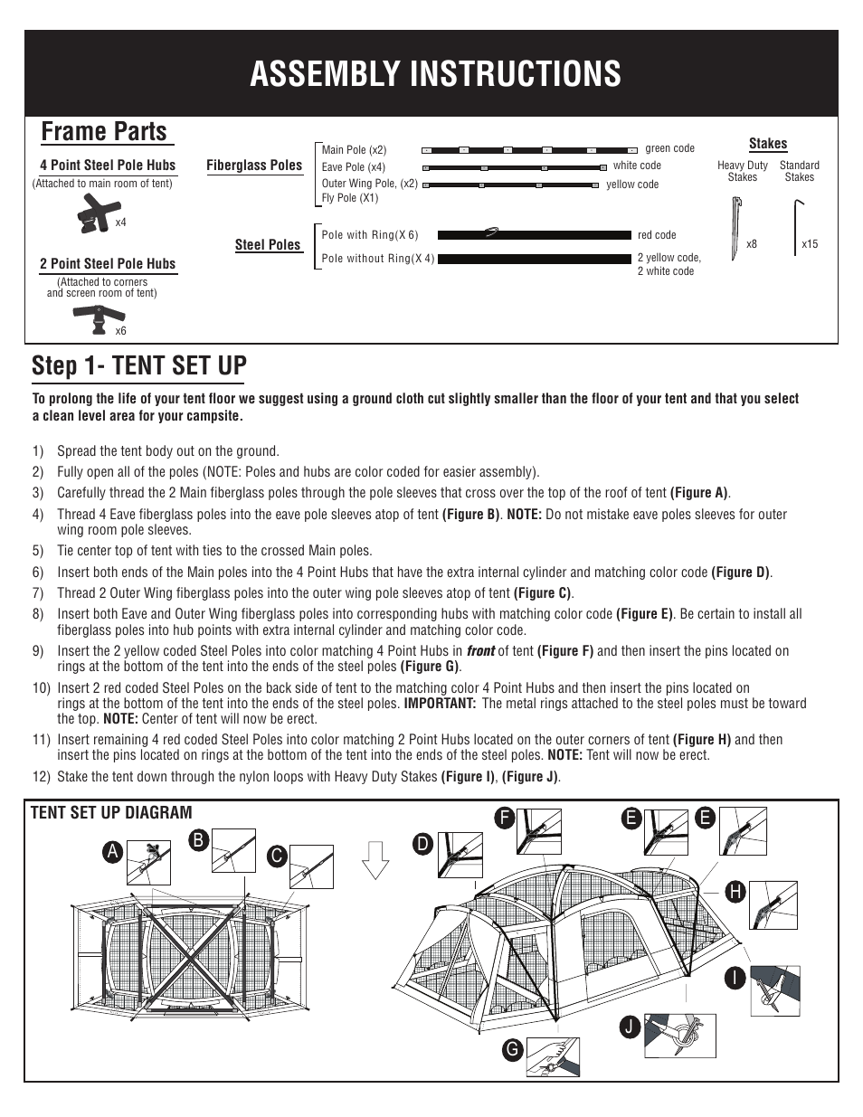 Assembly instructions, Frame parts, Step 1- tent set up | Ab d e f, Hg i j c | Giga Tent FT 021 User Manual | Page 2 / 8