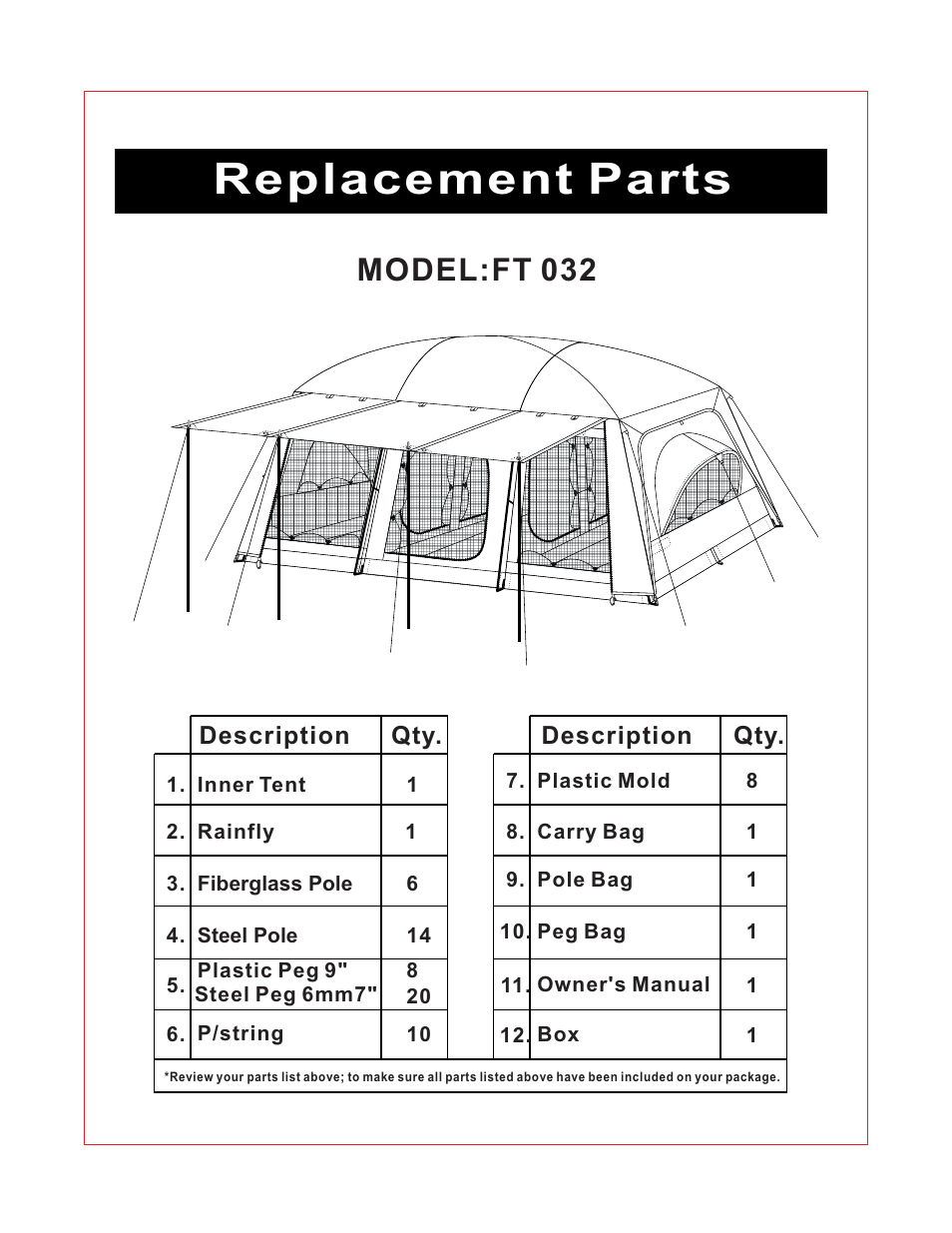 Replacement parts, Model:ft 032 | Giga Tent FT 052 User Manual | Page 4 / 8