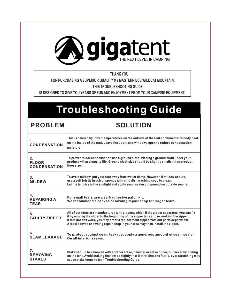 Troubleshooting guide, Problem solution | Giga Tent FT 052 User Manual | Page 6 / 8