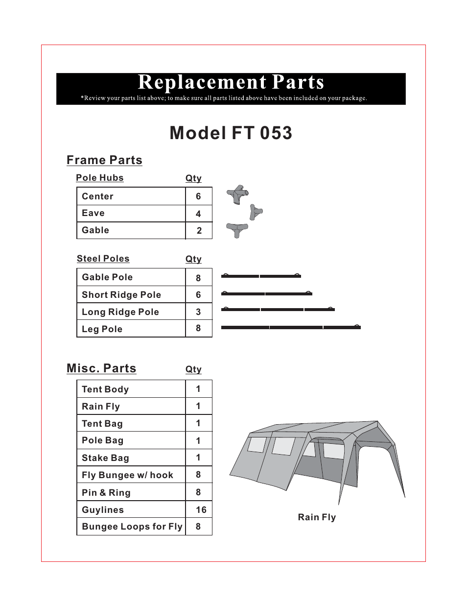 Model ft 053, Frame parts, Misc. parts | Giga Tent FT 053 User Manual | Page 4 / 8