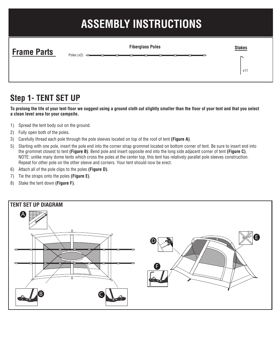 Assembly instructions, Frame parts, Step 1- tent set up | Giga Tent MT 011 User Manual | Page 2 / 8