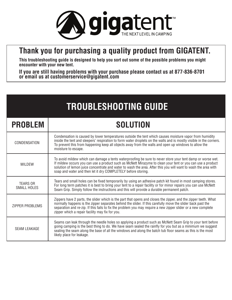 Troubleshooting guide | Giga Tent MT 011 User Manual | Page 6 / 8
