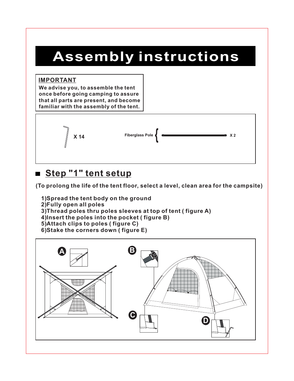 Assembly instructions, Step "1" tent setup | Giga Tent BT 014 User Manual | Page 2 / 8