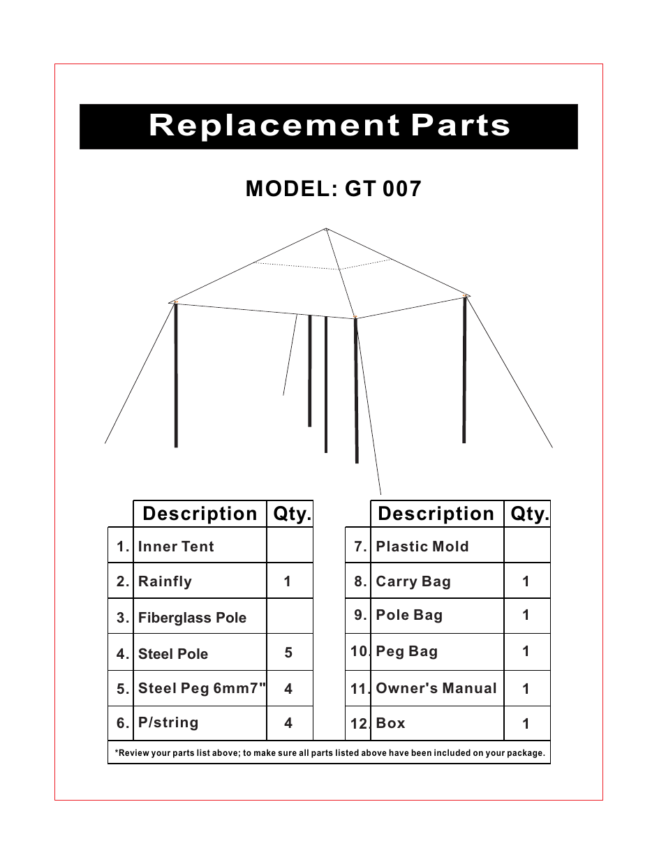 Replacement parts, Model: gt 007, Description qty | Giga Tent GT 007 User Manual | Page 3 / 7