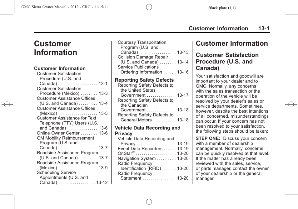 Customer information, Customer satisfaction procedure (u.s. and canada), Customer information -1 | Customer, Customer information 13-1 | GMC 2012 Sierra User Manual | Page 515 / 556