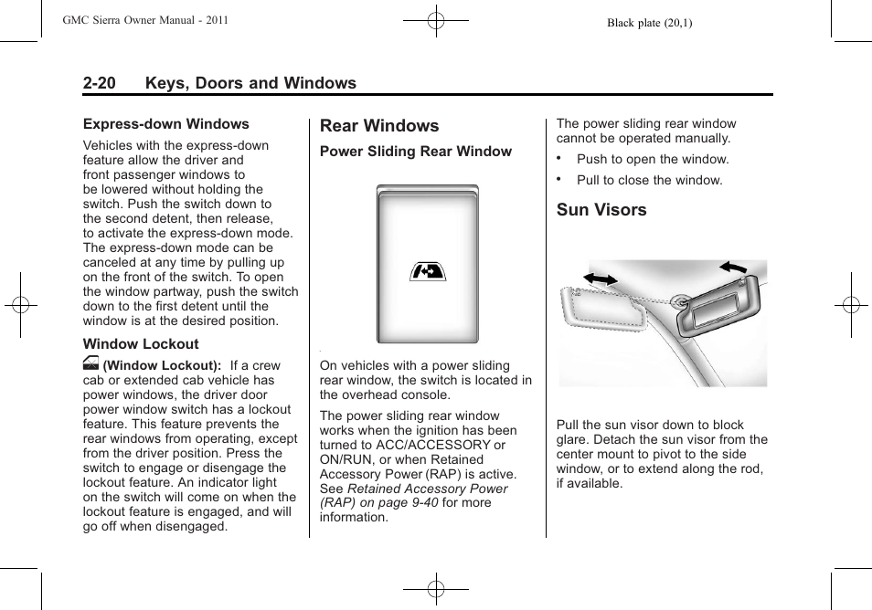 Rear windows, Sun visors, Rear windows -20 sun visors -20 | GMC 2011 Sierra User Manual | Page 64 / 594