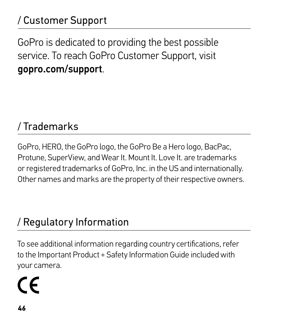 Customer support, Trademarks, Regulatory information | GoPro HERO User Manual | Page 24 / 24