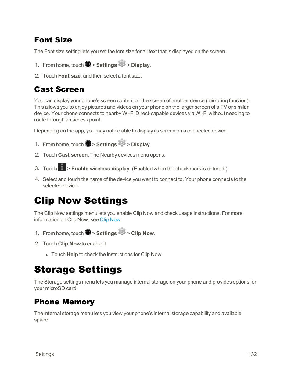Font size, Cast screen, Clip now settings | Storage settings, Phone memory | Sharp AQUOS Crystal User Manual | Page 142 / 171