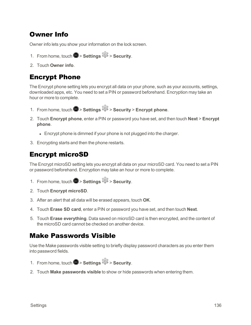 Owner info, Encrypt phone, Encrypt microsd | Make passwords visible | Sharp AQUOS Crystal User Manual | Page 146 / 171