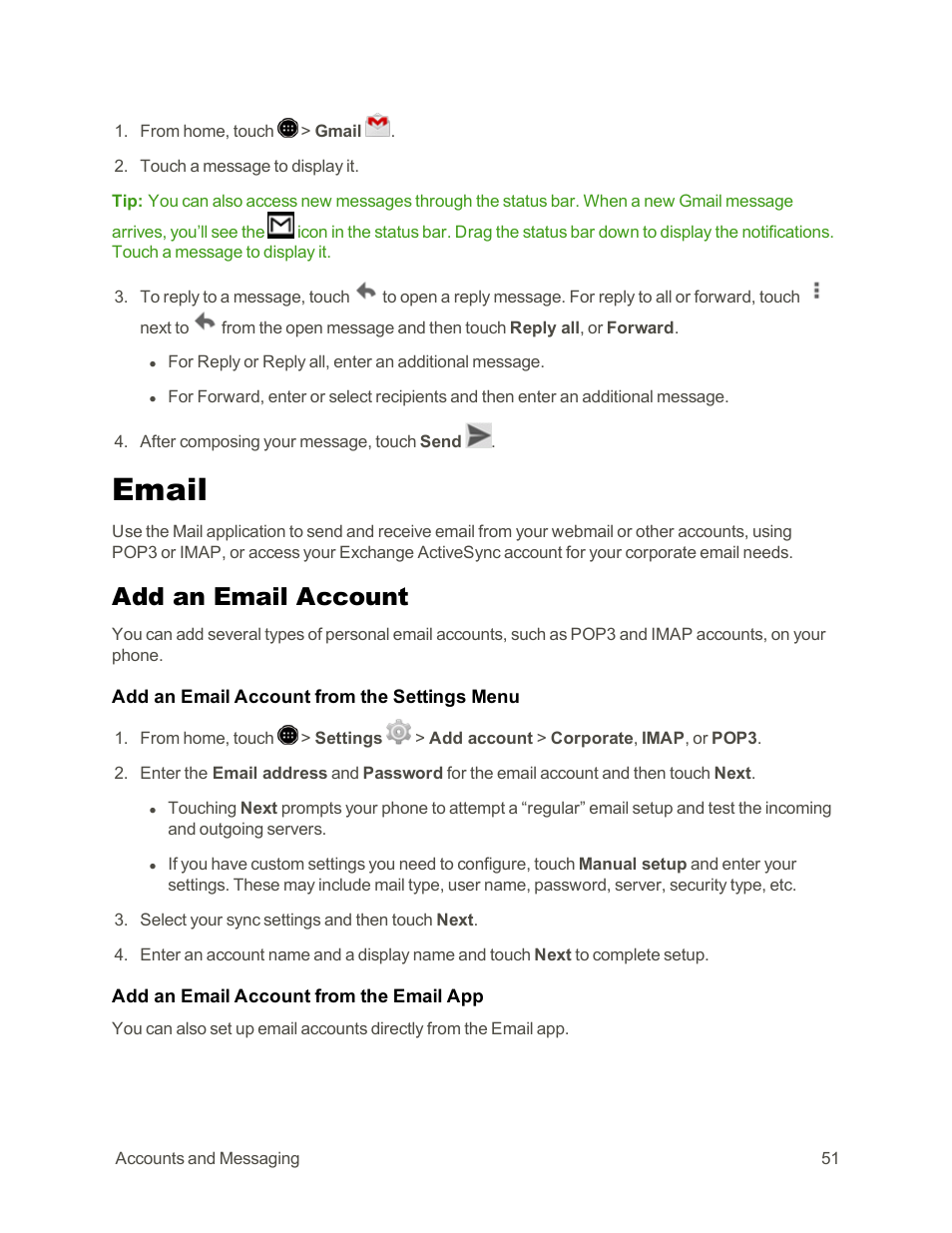 Email, Add an email account | Sharp AQUOS Crystal User Manual | Page 61 / 171