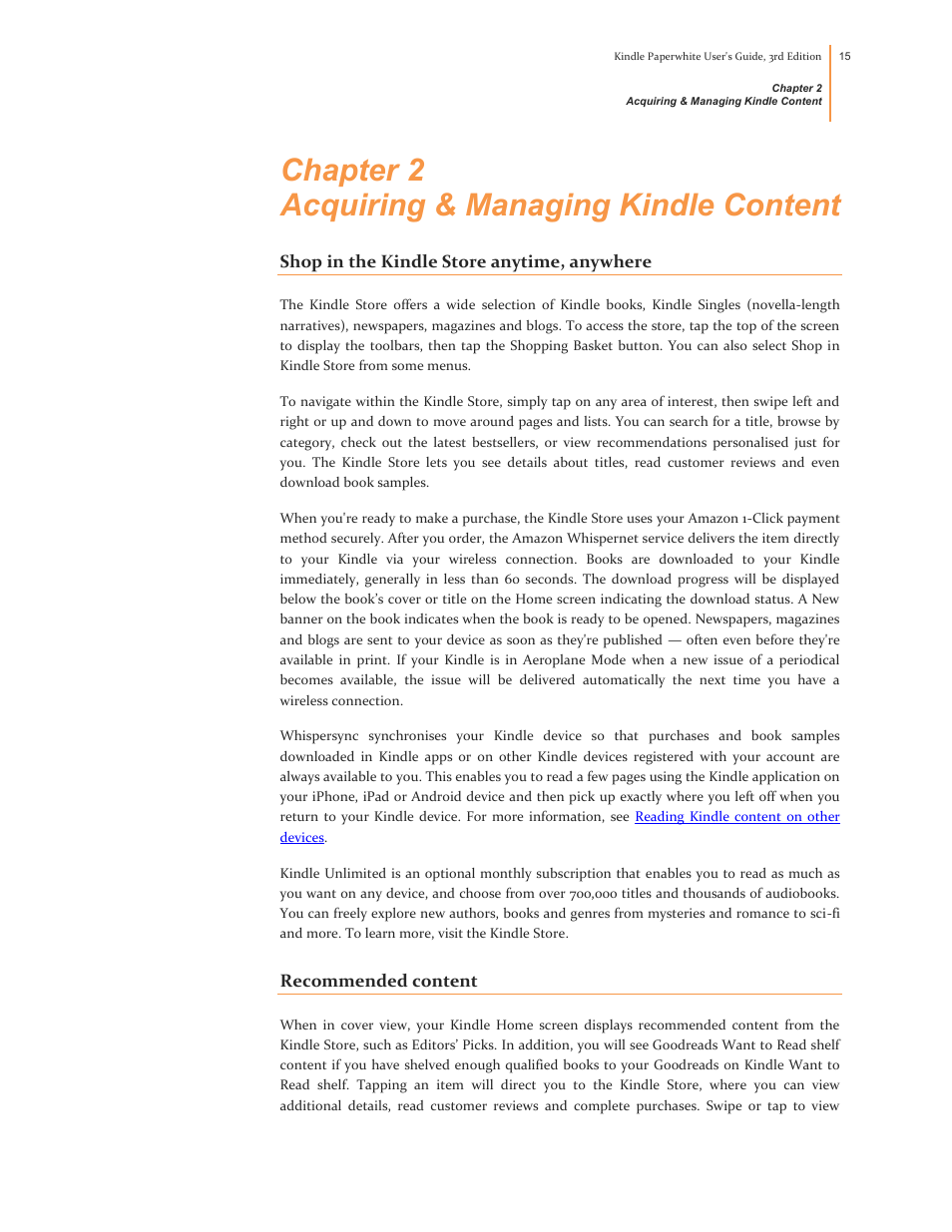 Chapter 2 acquiring & managing kindle content, Shop in the kindle store anytime, anywhere, Recommended content | Kindle Paperwhite (2nd Generation) User Manual | Page 15 / 47